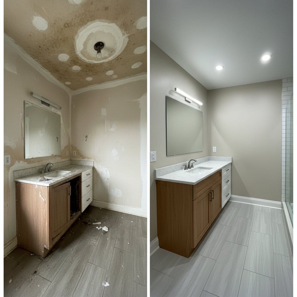 Before and after water damage restoration in Paramus split-level home bathroom
