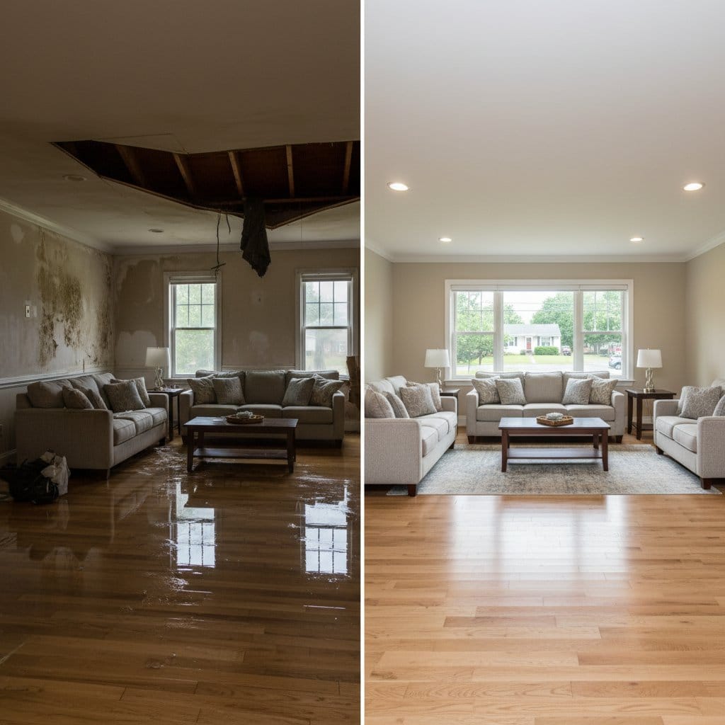 Emergency Water Removal before and after in living room, Paramus NJ