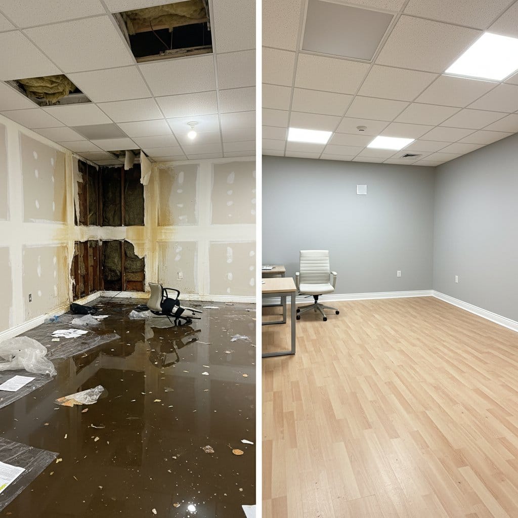 Emergency Water Removal restoration — commercial office space of Tudor home in Paramus, NJ