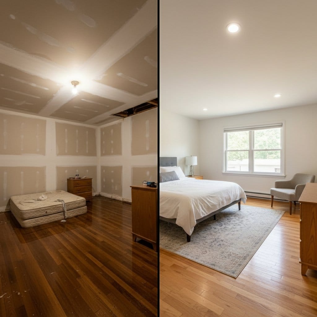 Before and after emergency water removal in Paramus two-story residence bedroom