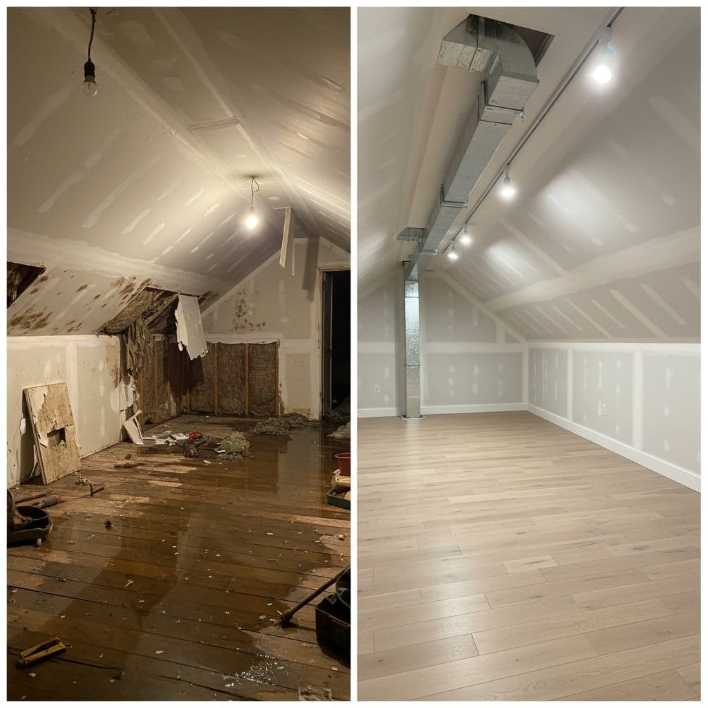 Before and after basement flood cleanup in Paramus commercial property attic space