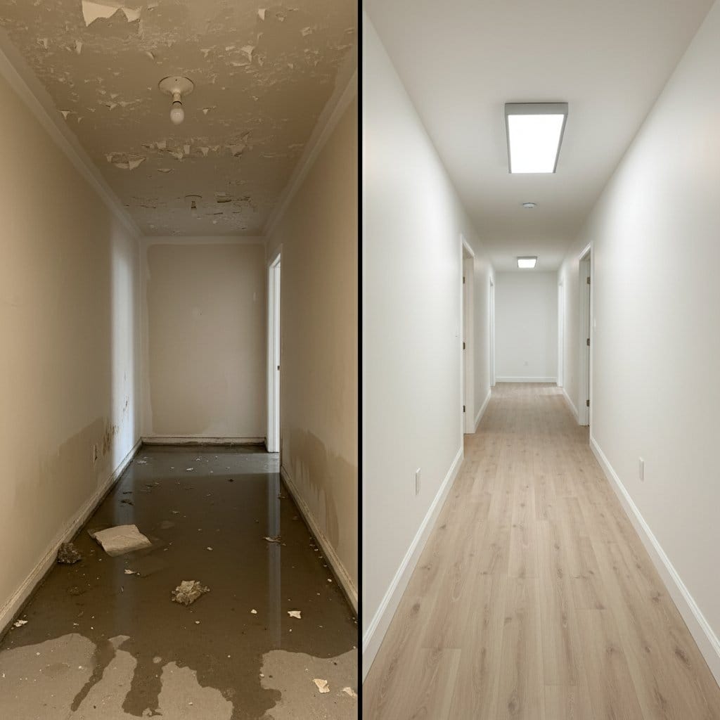 Burst Pipe & Plumbing Leak Damage before and after in hallway, Paramus NJ