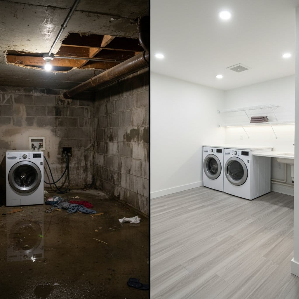 Burst Pipe & Plumbing Leak Damage restoration β laundry room of contemporary home in Paramus, NJ