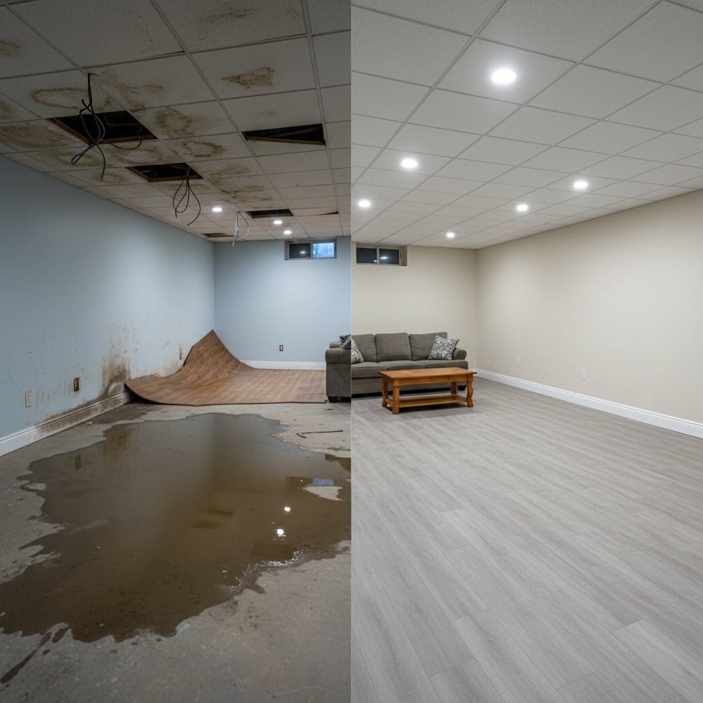 Storm & Roof Leak Water Damage before and after in finished basement, Paramus NJ