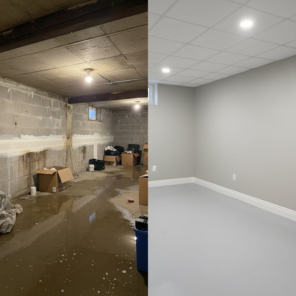 Sewage Backup Cleanup before and after in residential basement, Paramus NJ