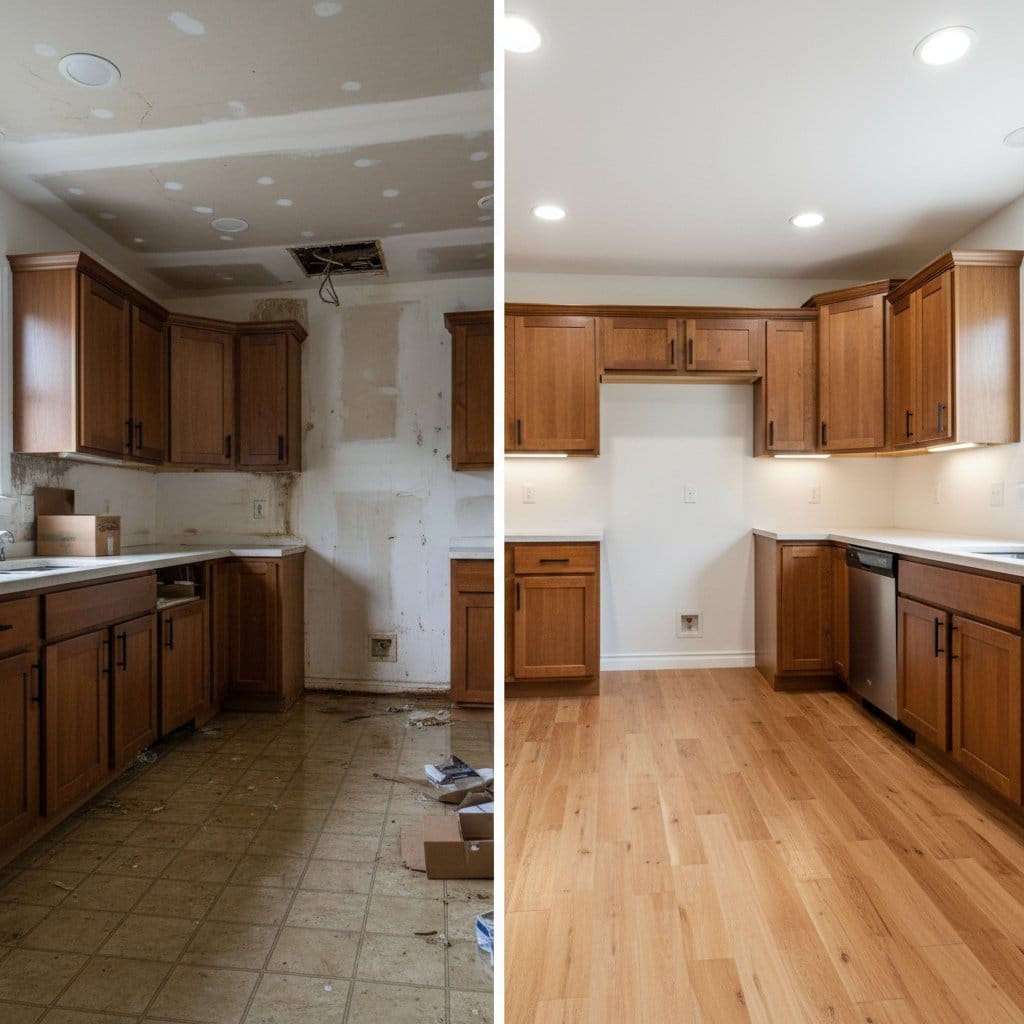 Sewage Backup Cleanup restoration โ home kitchen of two-story residence in Paramus, NJ