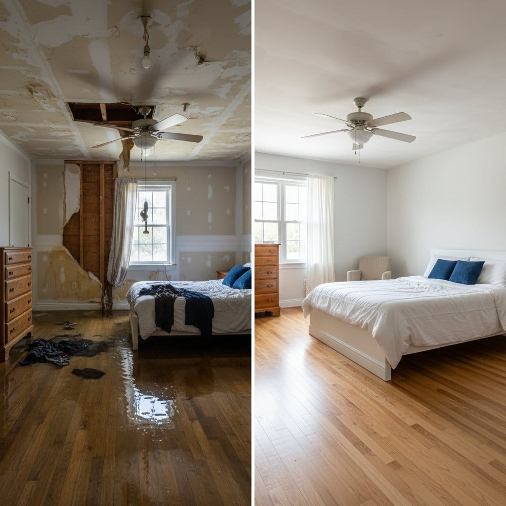 Before and after structural drying & dehumidification in Paramus bi-level home bedroom
