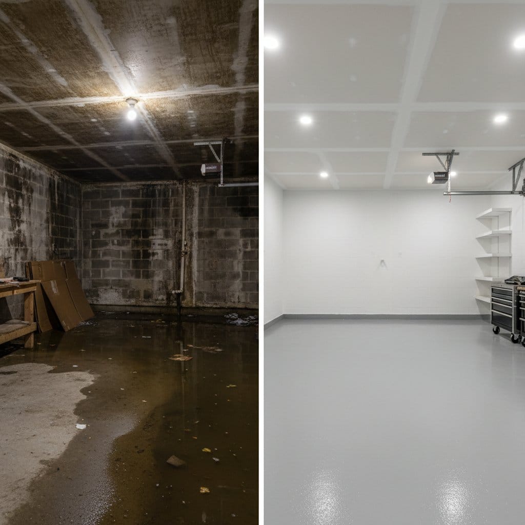 Carpet & Flooring Water Damage Cleanup before and after in garage, Paramus NJ