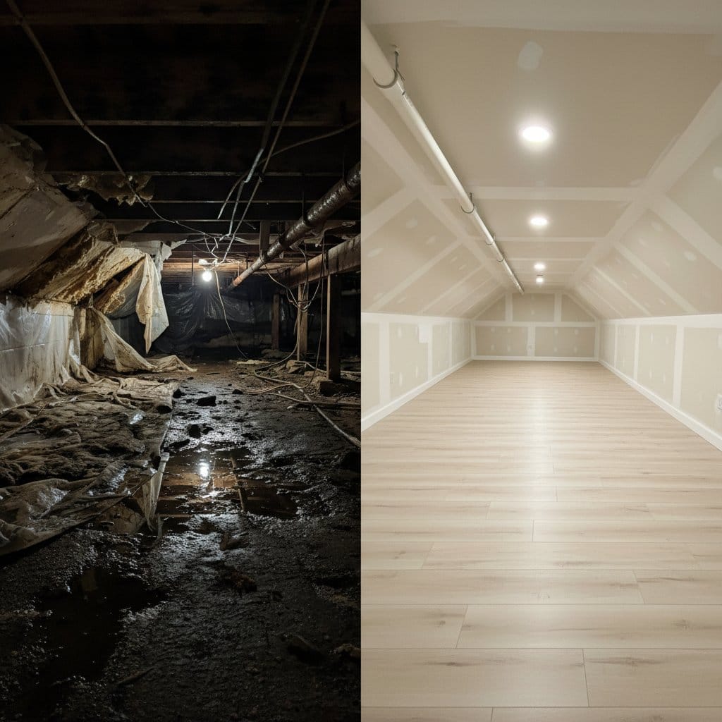 Before and after carpet & flooring water damage cleanup in Paramus single-family home attic space