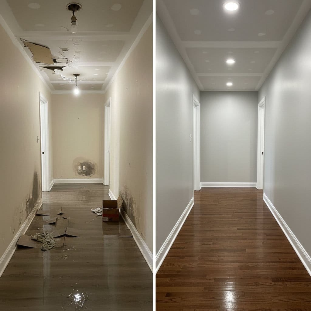 Wall & Ceiling Dry-Out before and after in hallway, Paramus NJ