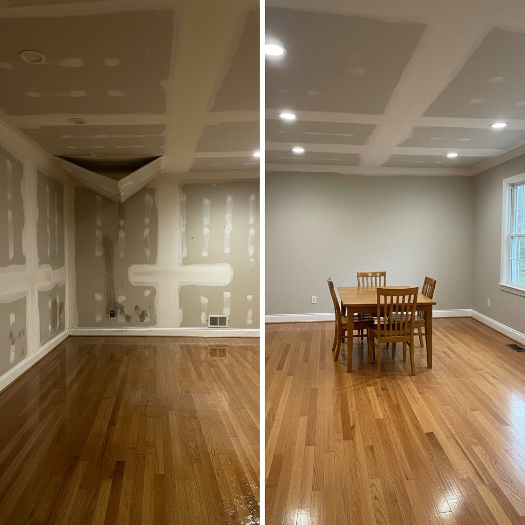 Before and after wall & ceiling dry-out in Paramus ranch-style home dining room