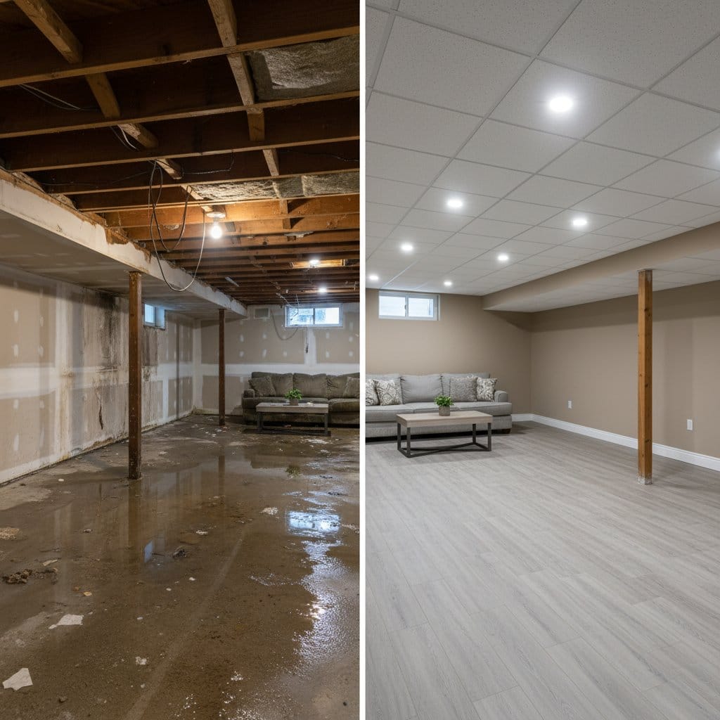 Content Drying & Property Cleanup before and after in finished basement, Paramus NJ