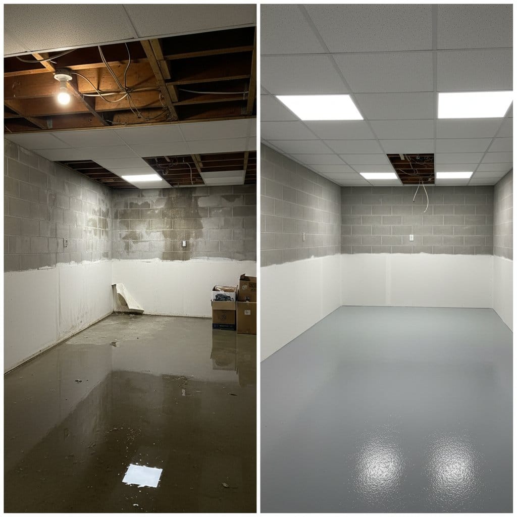 Mold Prevention After Water Damage before and after in residential basement, Paramus NJ