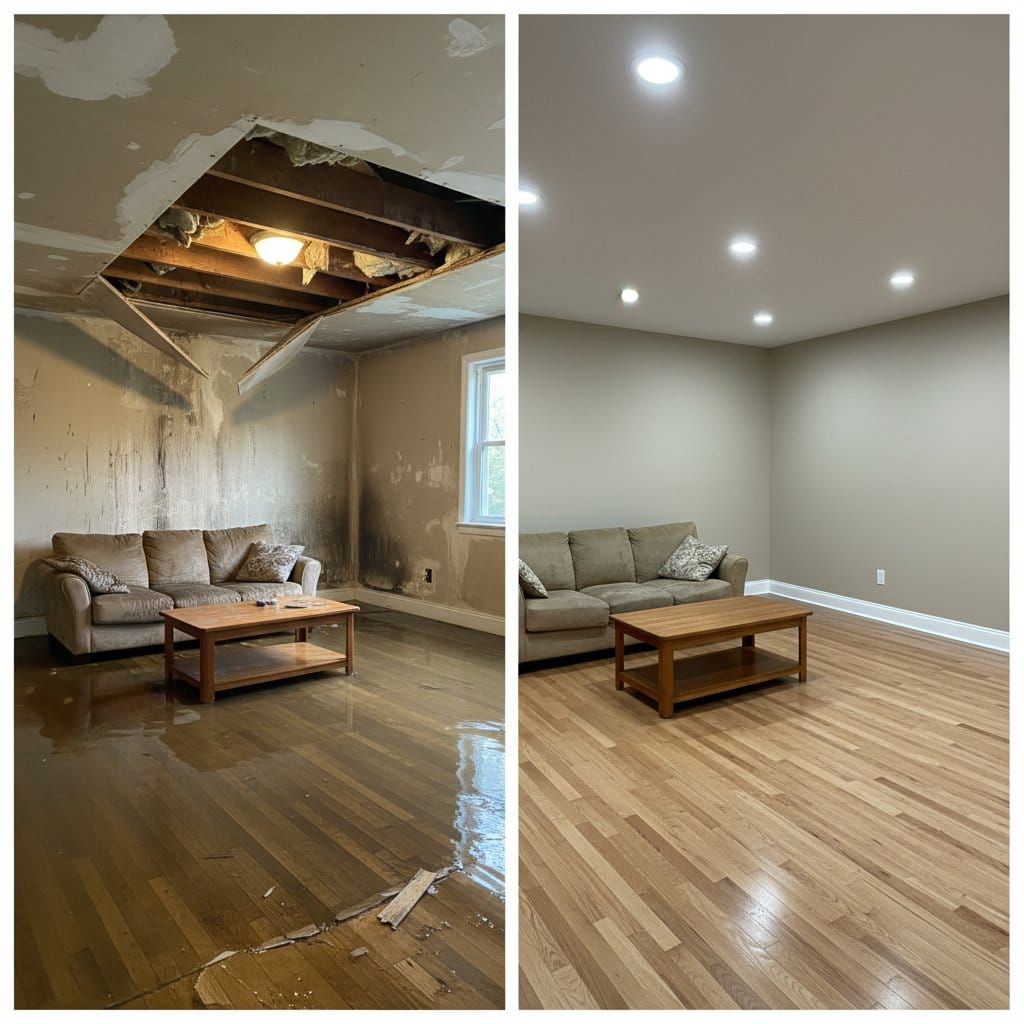 Paramus Water Damage Restoration living room restoration before and after in Paramus